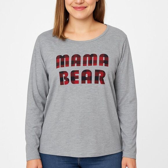 Mama Bear X-Large Gray Cotton Blend Long Sleeve Shirt Red Buffalo Plaid Graphic - Picture 1 of 7